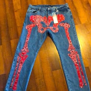 Red bandanna print skeleton print blue jeans